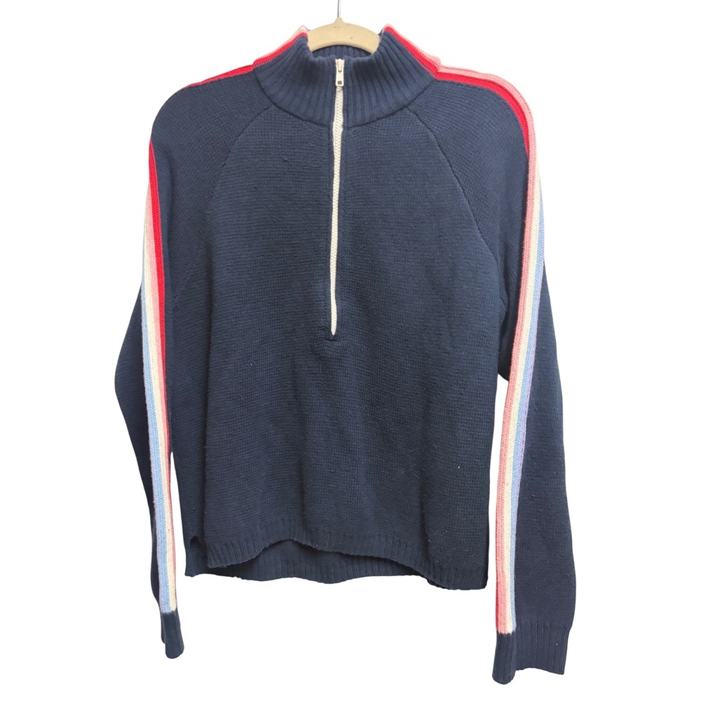 Marine Layer Archive Quarter Zip Rainbow Stripe Navy Sweater Mock Neck L